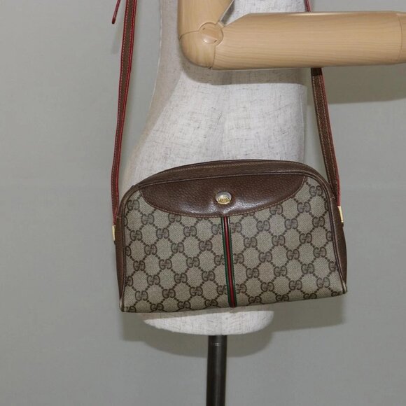 GUCCI GG Supreme Web Sherry Line Bag PVC Beige Gold 001 261 1086 Auth BA6005 - Picture 3 of 16